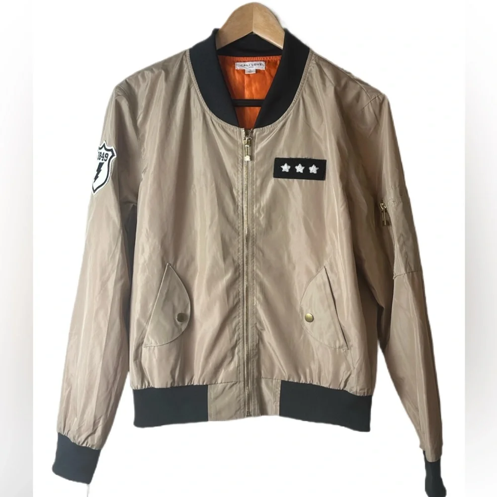 CALI LOVE USA/TAN BLACK BOMBER JACKET FULL ZIP UP - Picture 4 of 14